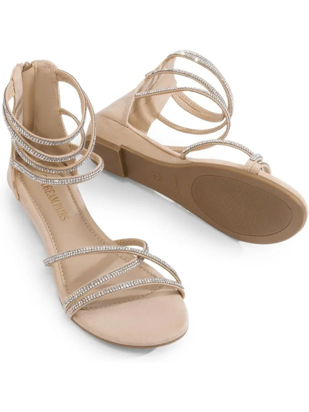 Women's Nude Rhinestones Gladiator Flat Sandals Ankle Strap Comfortable Zip